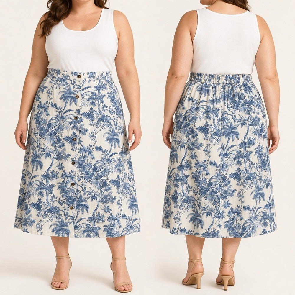 Lauren Conrad Skirt sz Large Full Button Front Linen Blend cottagecore nautical